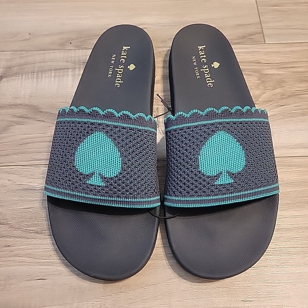 Kate Spade La Jolla Pool Slide Sandals Blue Green Spade Logo Open Toe 11B NEW‎